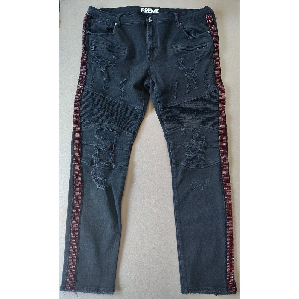 PREME Men's Black Skinny Stretch Jeans Red Rhinestones Distressed Tag 42x34**